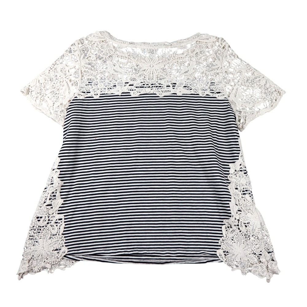 Adiva Womens 1X Striped Crochet Open Lace Short Sleeve Top Black & White VTG 00s - Picture 4 of 10